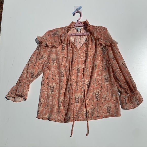 SUNDANCE RUFFLES PEASANT PINK BOHO TASSEL TIE TUNIC SHEER BLOUSE TOP SIZE S - Picture 1 of 7